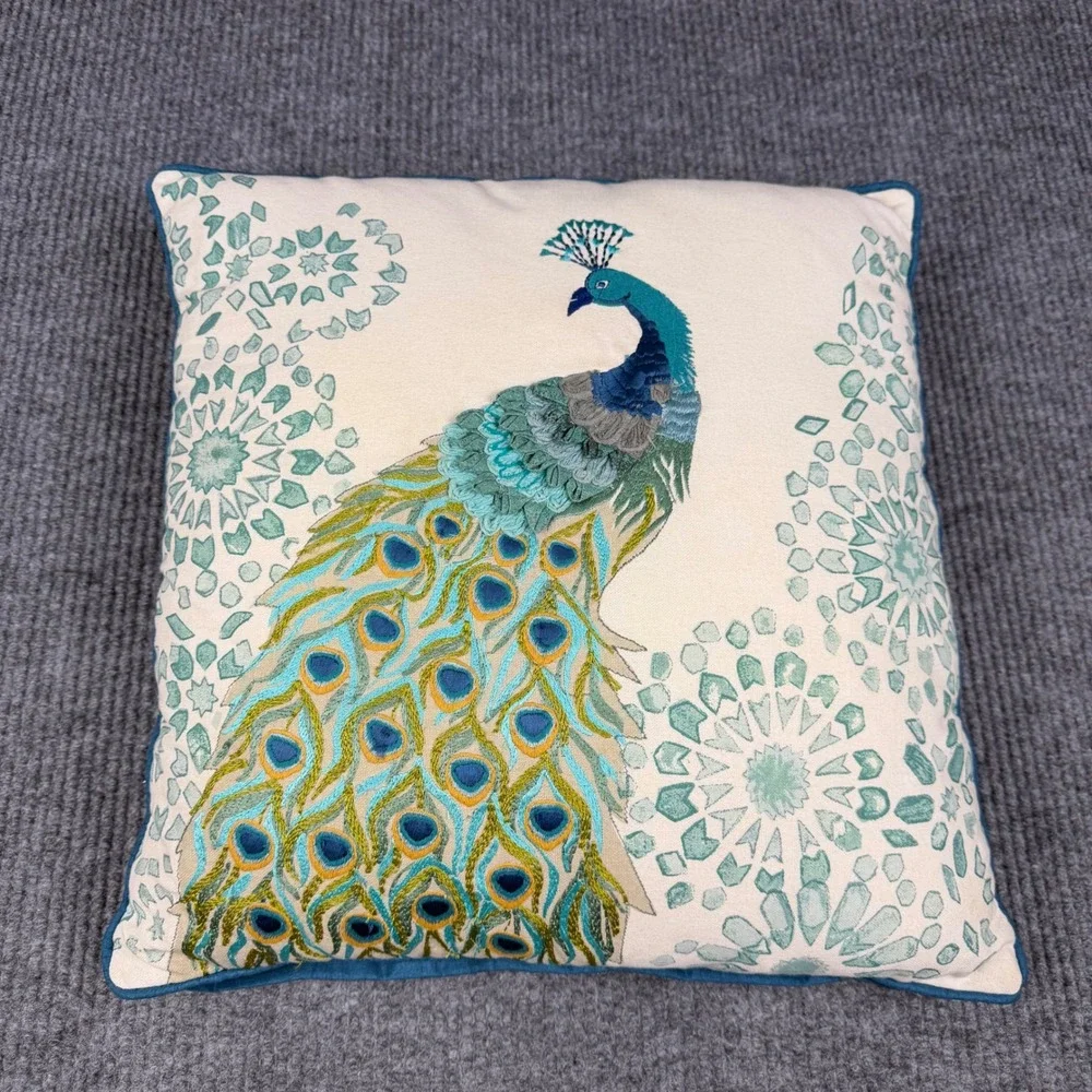 World Market Throw Pillow 18x18 Cotton Embroidered Peacock Dimensional Decor